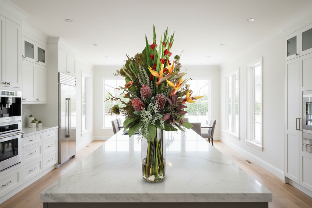 Bird of Paradise and Banksia Tropical Showpiece artificial arrangement on a kitchen island