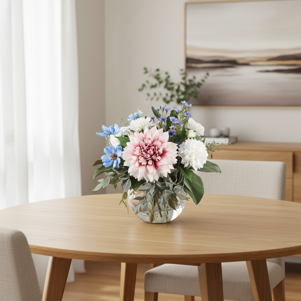 Dreamy Dahlia 20 by 20 centimetre artificial bouquet on a dining table in a bright Australian home