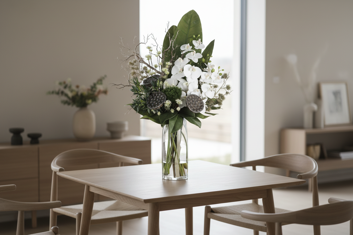 Zen Orchid and Lotus large artificial arrangement on a minimalist dining table, grounded in a tall glass cylinder vase, 90 x 40 cm