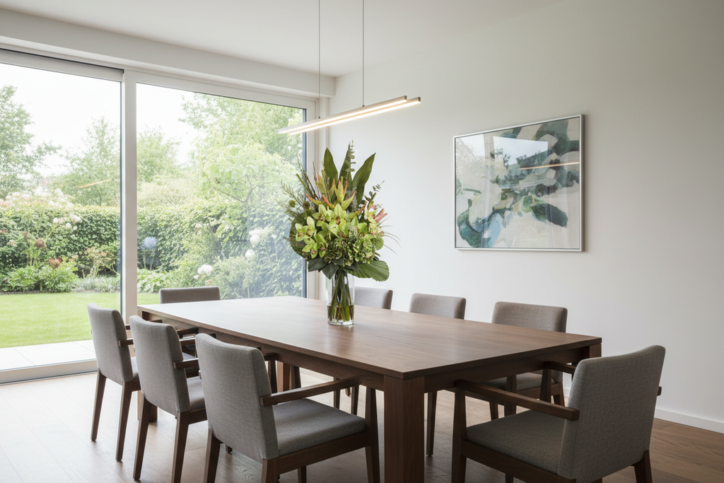 Green Cymbidium Orchid and Hydrangea Tropical artificial arrangement on a dining table
