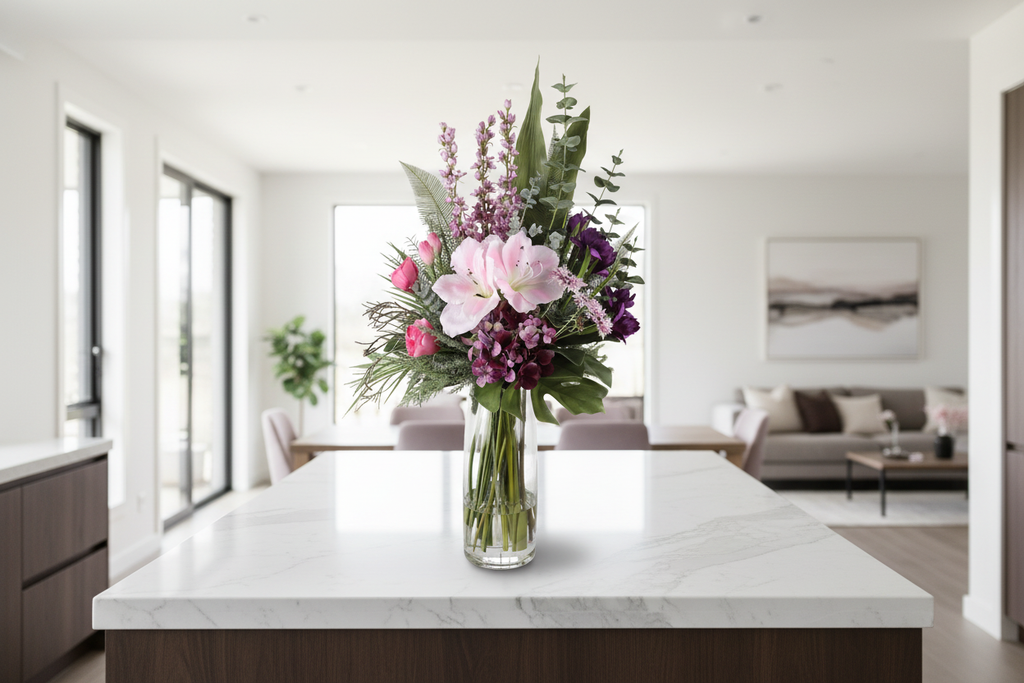 Purple Reign large artificial arrangement on a kitchen island, grounded in a tall glass cylinder vase, 90 x 40 cm