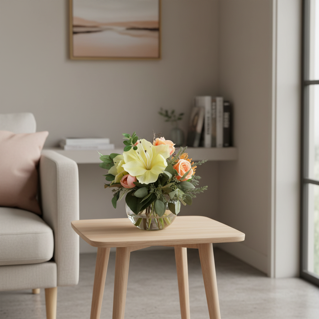 Peach Blossom 20 by 20 centimetre artificial bouquet styled on a small side table in a bright Australian home